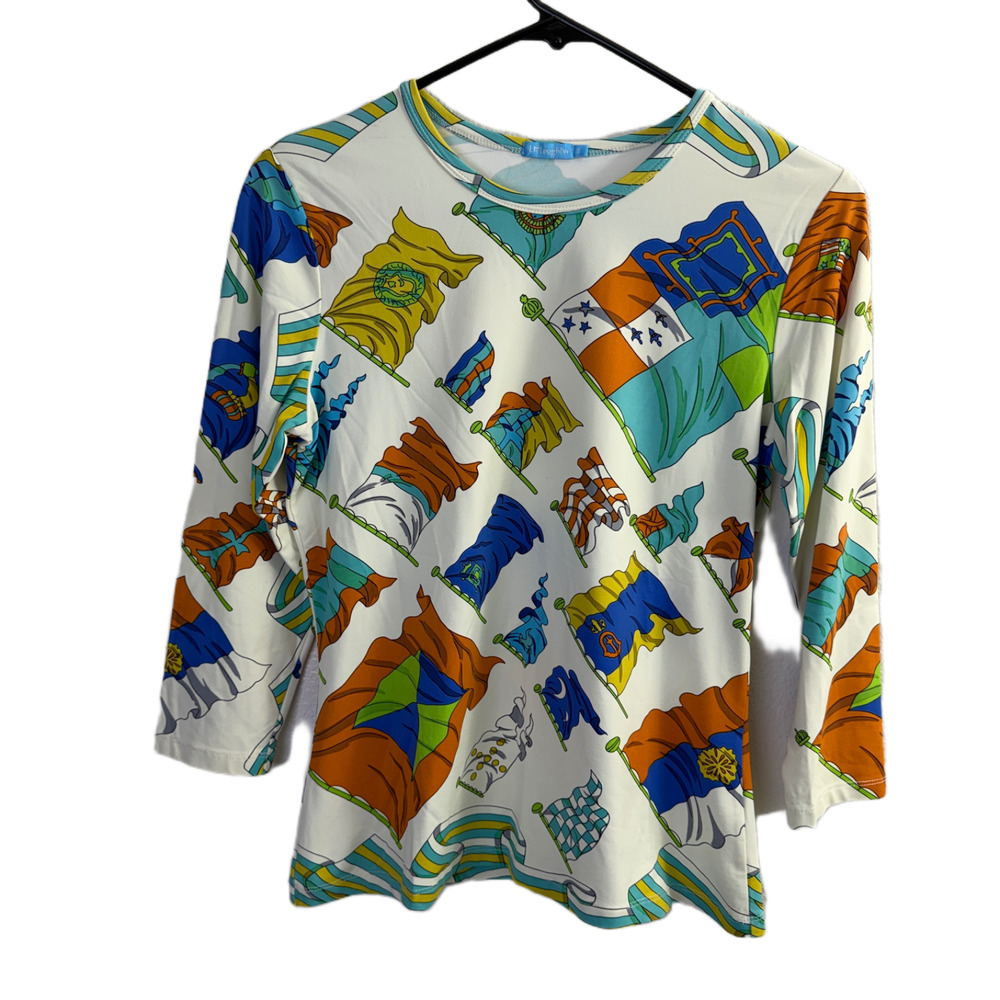 J Mclaughlin Catalina Cloth Shirt Womens Small Ivory Multi Top Graphic Flag